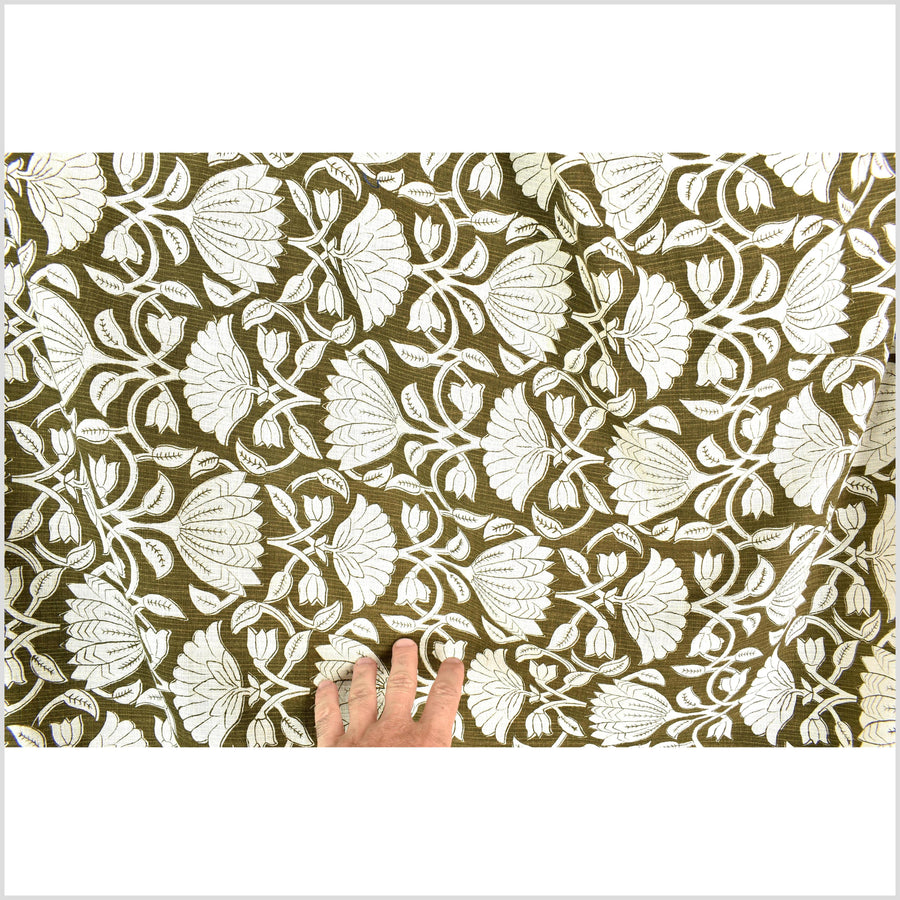 Dark olive moss green floral print cotton fabric, medium weight textured cloth, Thailand craft supply, sold by 10 yards PHA431-10