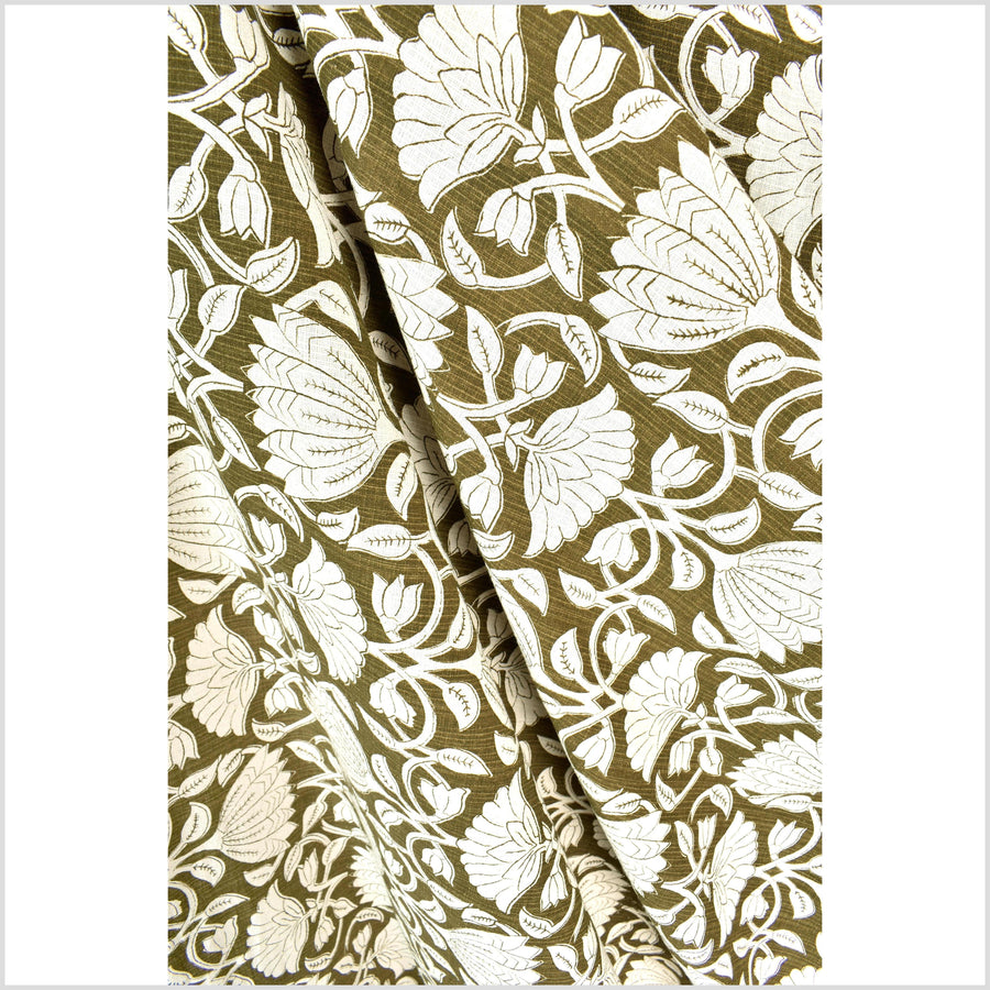 Dark olive moss green floral print cotton fabric, medium weight textured cloth, Thailand craft supply, sold by 10 yards PHA431-10