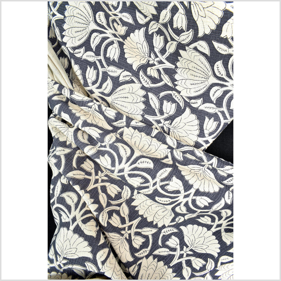 Dusty marine blue floral print cotton fabric, medium weight textured cloth, Thailand craft supply, sold by 10 yards PHA432-10