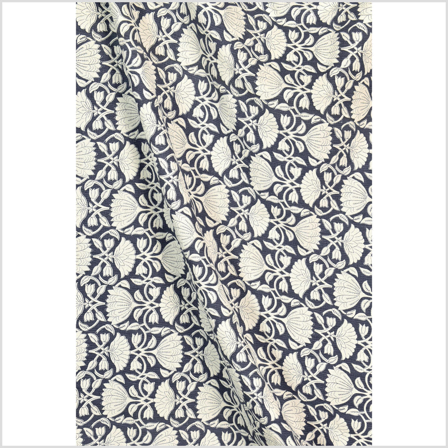Dusty marine blue floral print cotton fabric, medium weight textured cloth, Thailand craft supply, sold by 10 yards PHA432-10