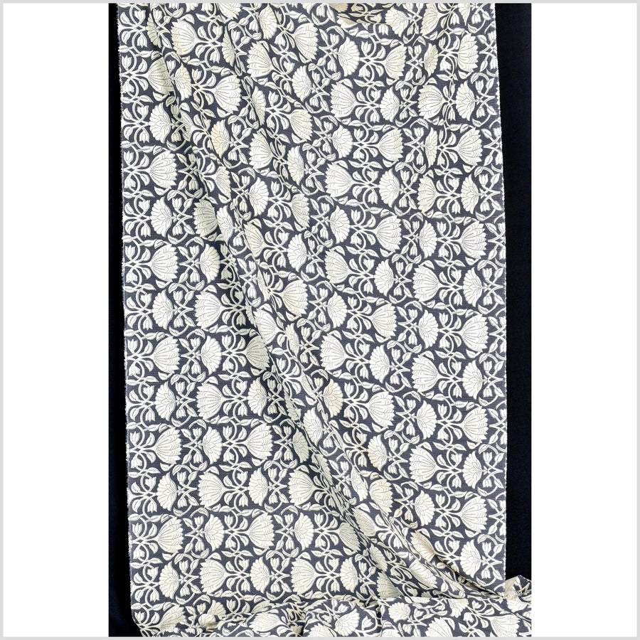 Dusty marine blue floral print cotton fabric, medium weight textured cloth, Thailand craft supply, sold by 10 yards PHA432-10