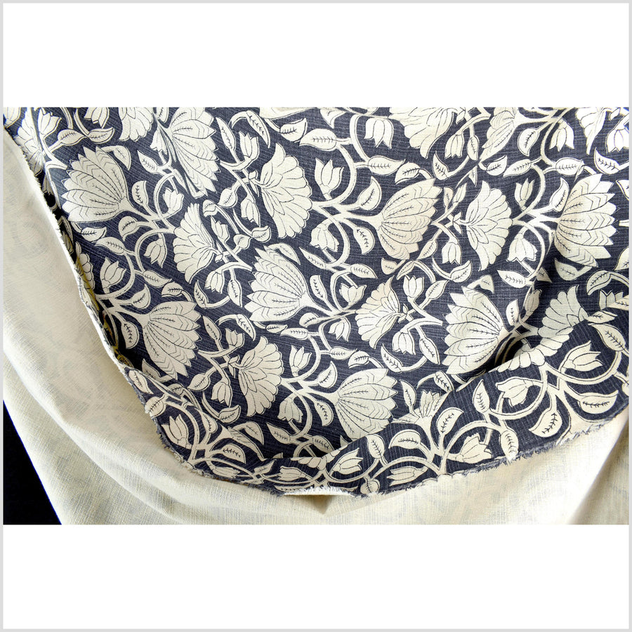 Dusty marine blue floral print cotton fabric, medium weight textured cloth, Thailand craft supply, sold by 10 yards PHA432-10