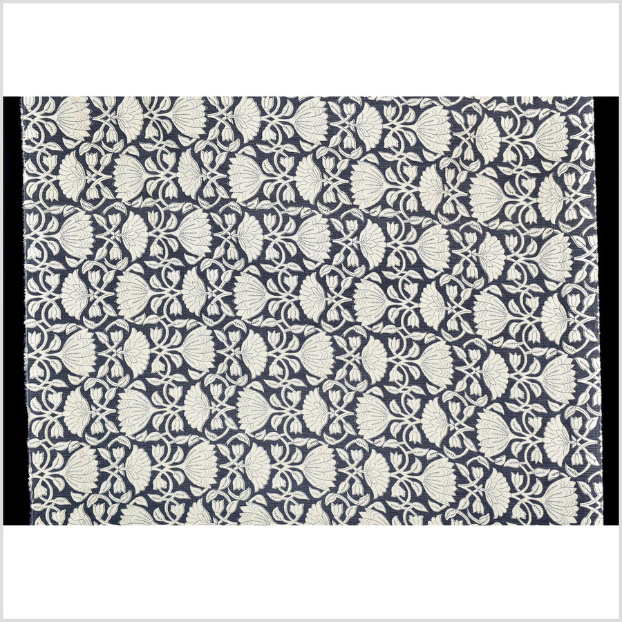 Dusty marine blue floral print cotton fabric, medium weight textured cloth, Thailand craft supply, sold by 10 yards PHA432-10