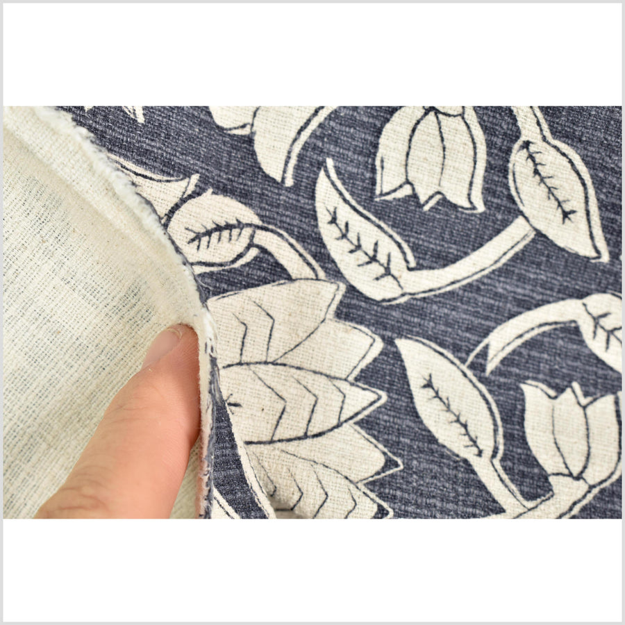 Dusty marine blue floral print cotton fabric, medium weight textured cloth, Thailand craft supply, sold by 10 yards PHA432-10