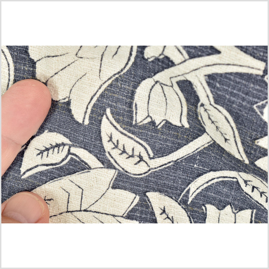 Dusty marine blue floral print cotton fabric, medium weight textured cloth, Thailand craft supply, sold by 10 yards PHA432-10