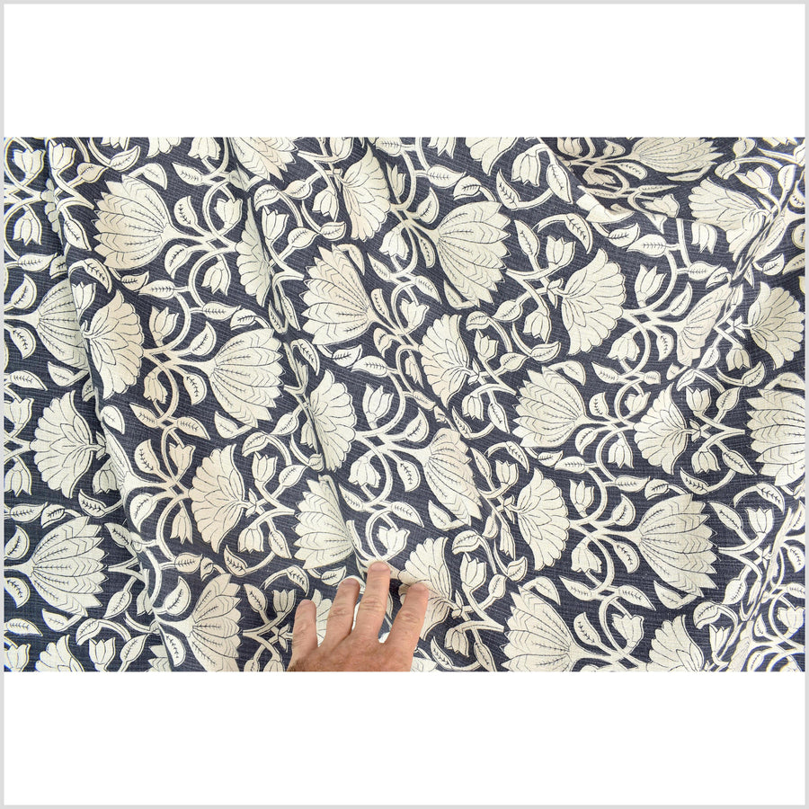 Dusty marine blue floral print cotton fabric, medium weight textured cloth, Thailand craft supply, sold by 10 yards PHA432-10