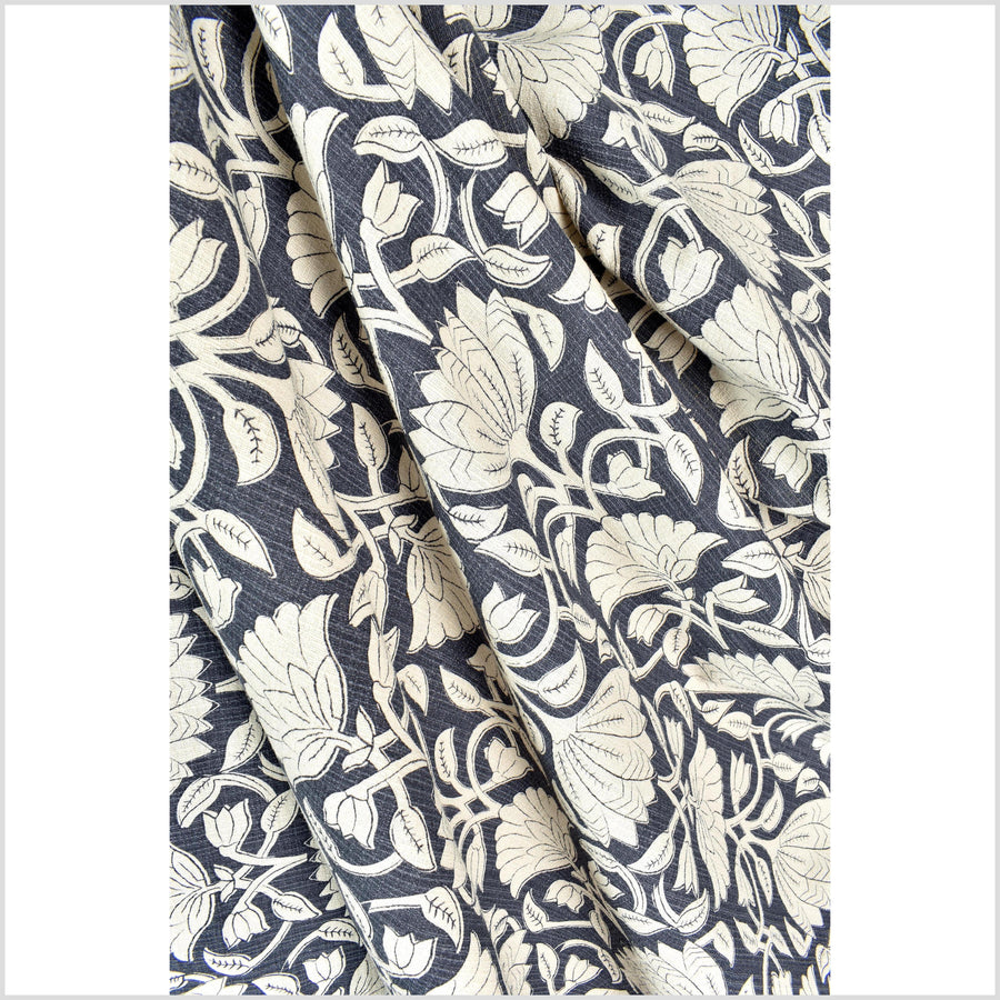 Dusty marine blue floral print cotton fabric, medium weight textured cloth, Thailand craft supply, sold by 10 yards PHA432-10