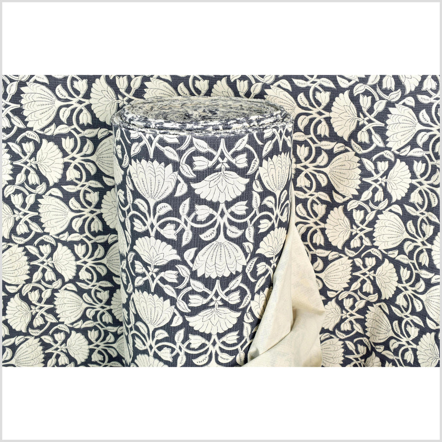 Dusty marine blue floral print cotton fabric, medium weight textured cloth, Thailand craft supply, sold by 10 yards PHA432-10