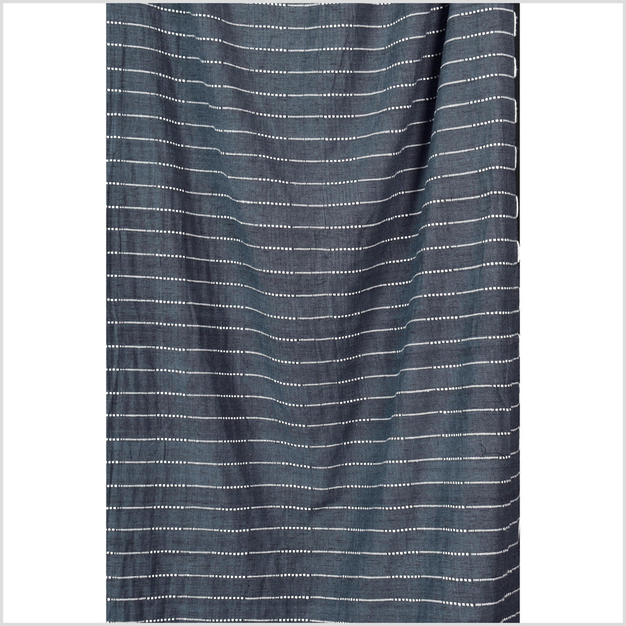 Deep dark gray-blue indigo color fabric, handwoven cotton with woven off-white striping, light/medium-weight, fabric by 10 yards PHA433-10