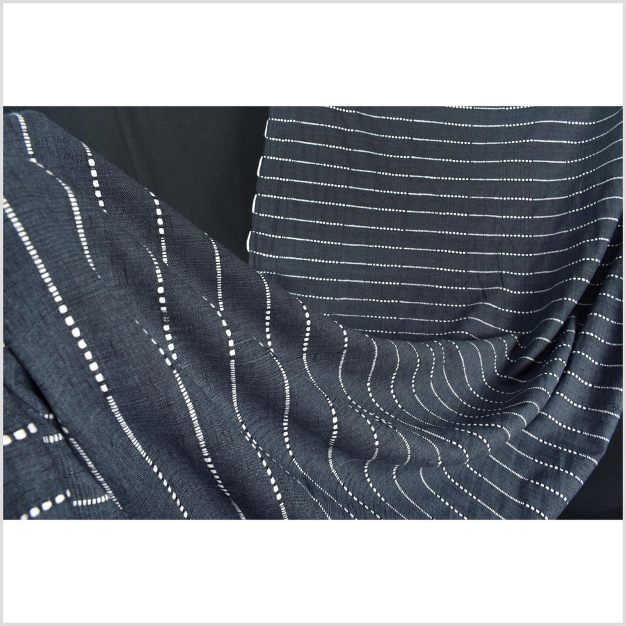 Deep dark gray-blue indigo color fabric, handwoven cotton with woven off-white striping, light/medium-weight, fabric by 10 yards PHA433-10