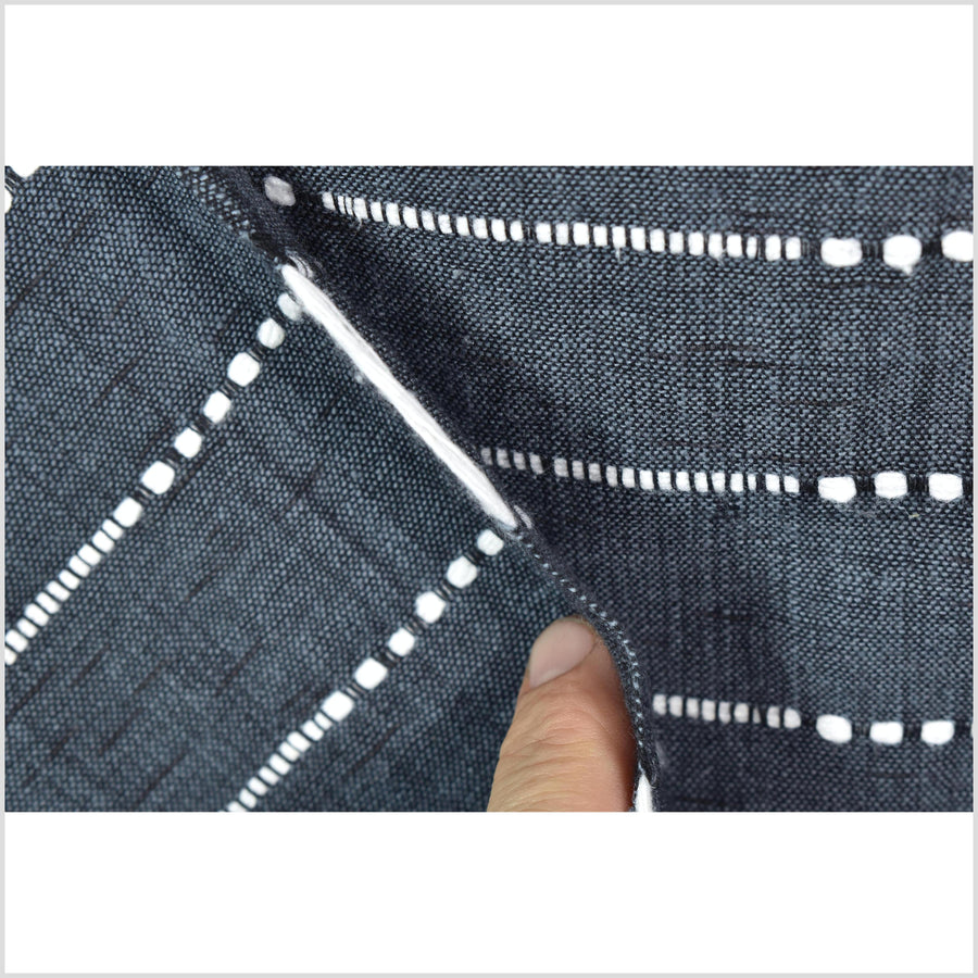 Deep dark gray-blue indigo color fabric, handwoven cotton with woven off-white striping, light/medium-weight, fabric by 10 yards PHA433-10
