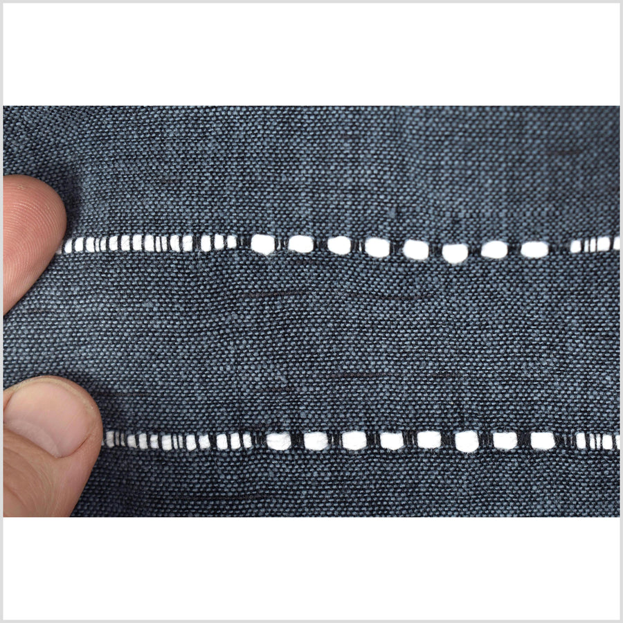 Deep dark gray-blue indigo color fabric, handwoven cotton with woven off-white striping, light/medium-weight, fabric by 10 yards PHA433-10