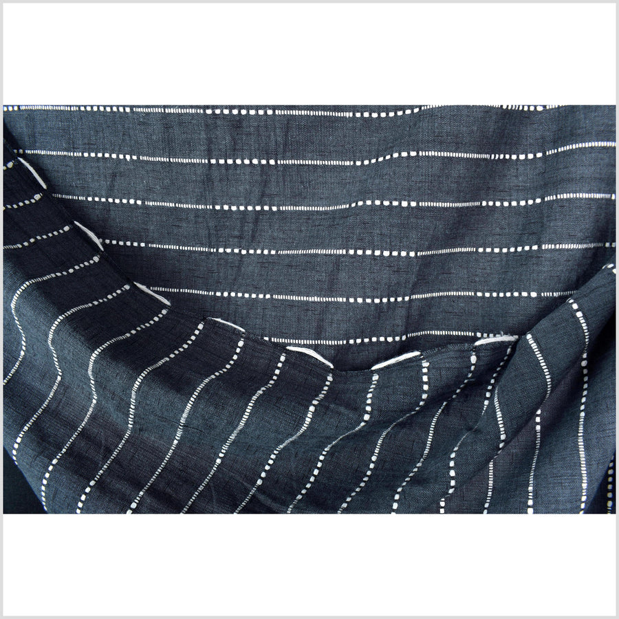 Deep dark gray-blue indigo color fabric, handwoven cotton with woven off-white striping, light/medium-weight, fabric by 10 yards PHA433-10