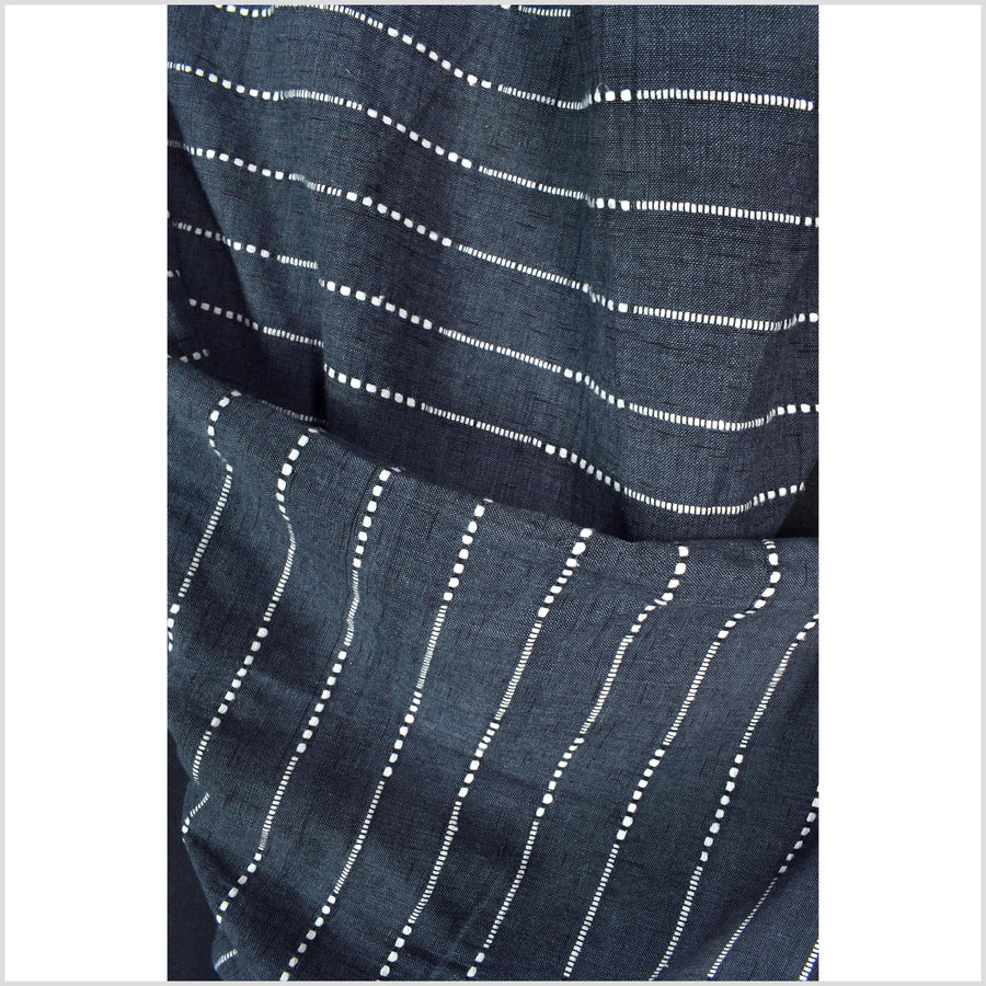 Deep dark gray-blue indigo color fabric, handwoven cotton with woven off-white striping, light/medium-weight, fabric by 10 yards PHA433-10