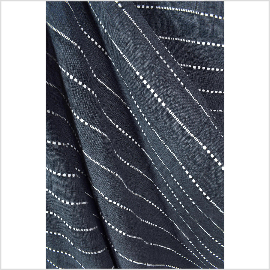 Deep dark gray-blue indigo color fabric, handwoven cotton with woven off-white striping, light/medium-weight, fabric by 10 yards PHA433-10