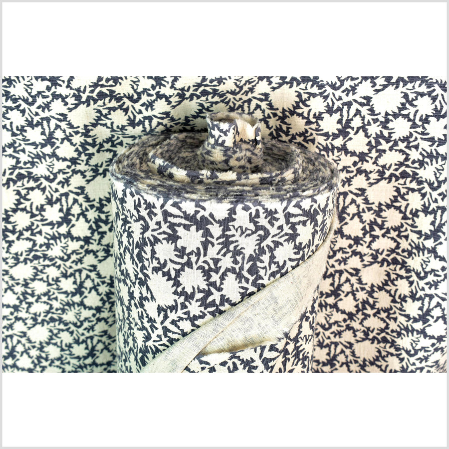 Stylized flower organic print, unbleached natural textured cotton, dusty marine blue/off-white, 46