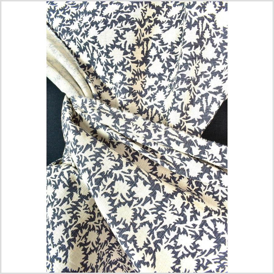 Stylized flower organic print, unbleached natural textured cotton, dusty marine blue/off-white, 46