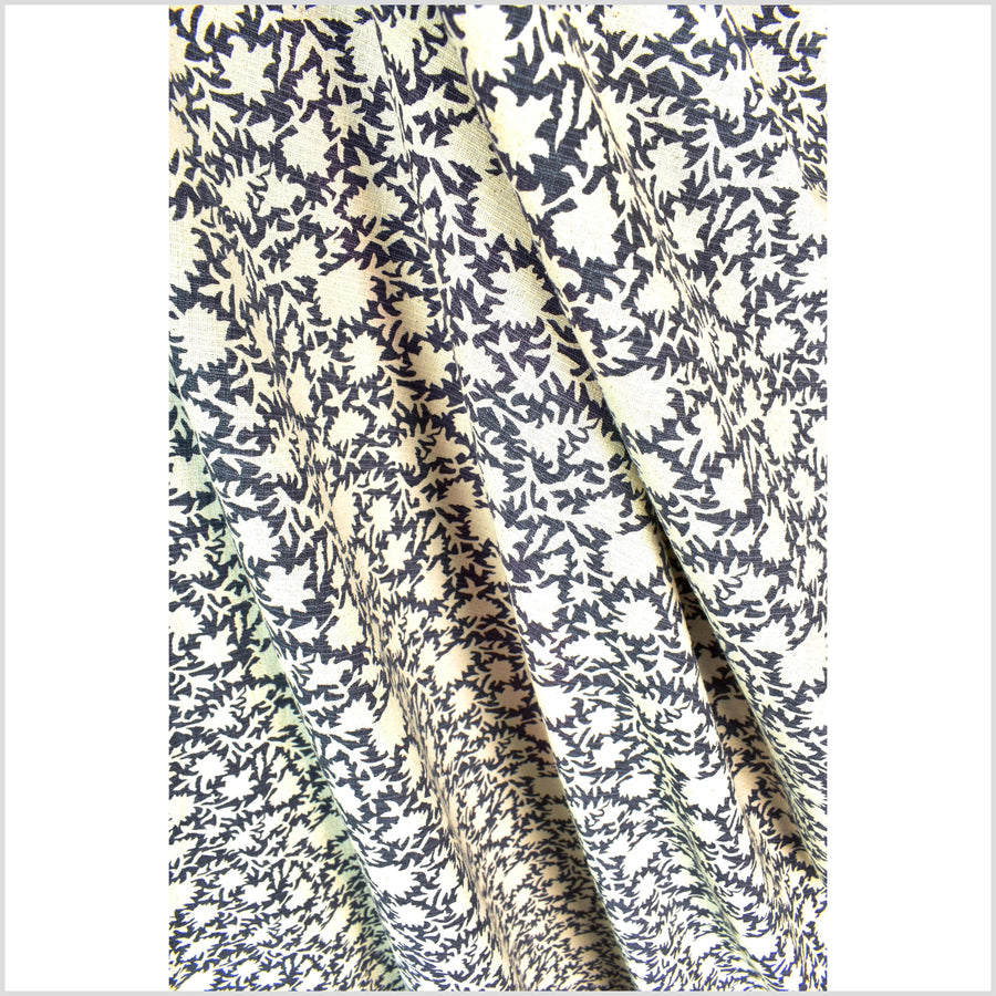 Stylized flower organic print, unbleached natural textured cotton, dusty marine blue/off-white, 46
