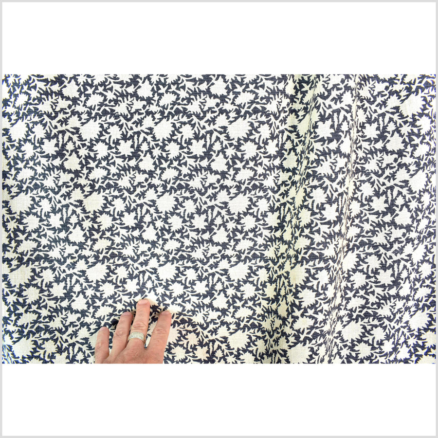 Stylized flower organic print, unbleached natural textured cotton, dusty marine blue/off-white, 46