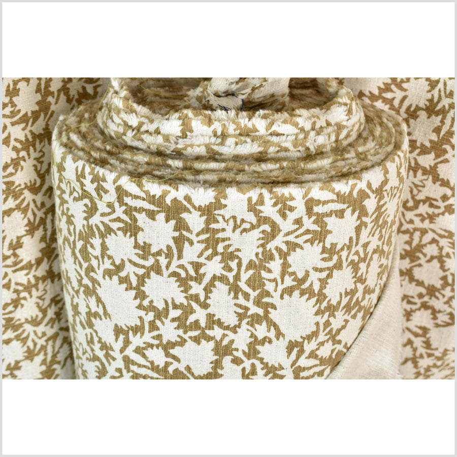 Stylized flower organic print, unbleached natural textured cotton, khaki olive/off-white, 46
