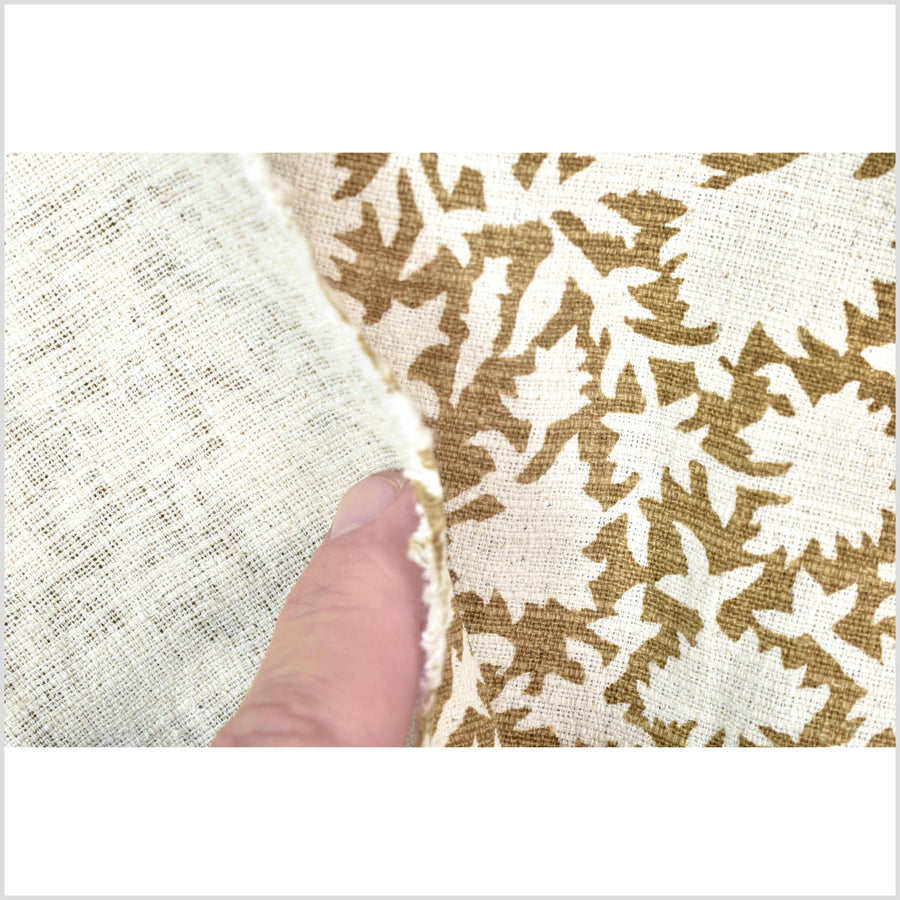 Stylized flower organic print, unbleached natural textured cotton, khaki olive/off-white, 46