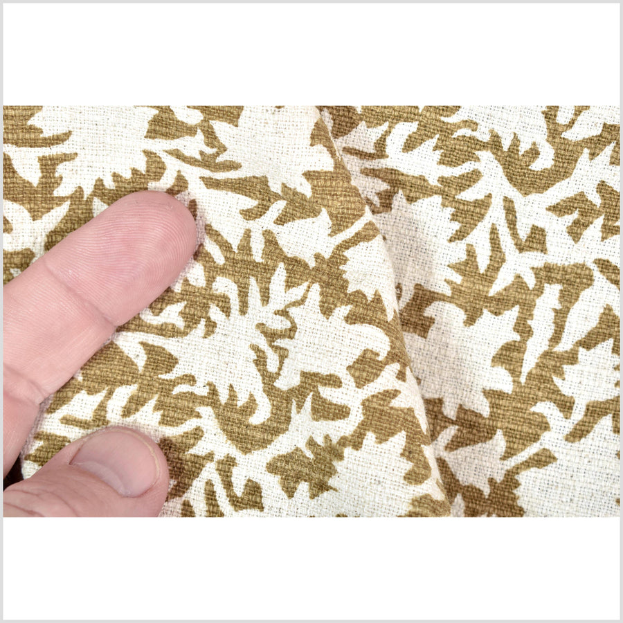 Stylized flower organic print, unbleached natural textured cotton, khaki olive/off-white, 46