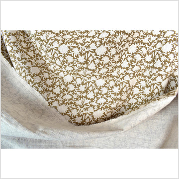 Stylized flower organic print, unbleached natural textured cotton, khaki olive/off-white, 46