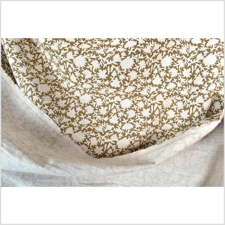 Stylized flower organic print, unbleached natural textured cotton, khaki olive/off-white, 46