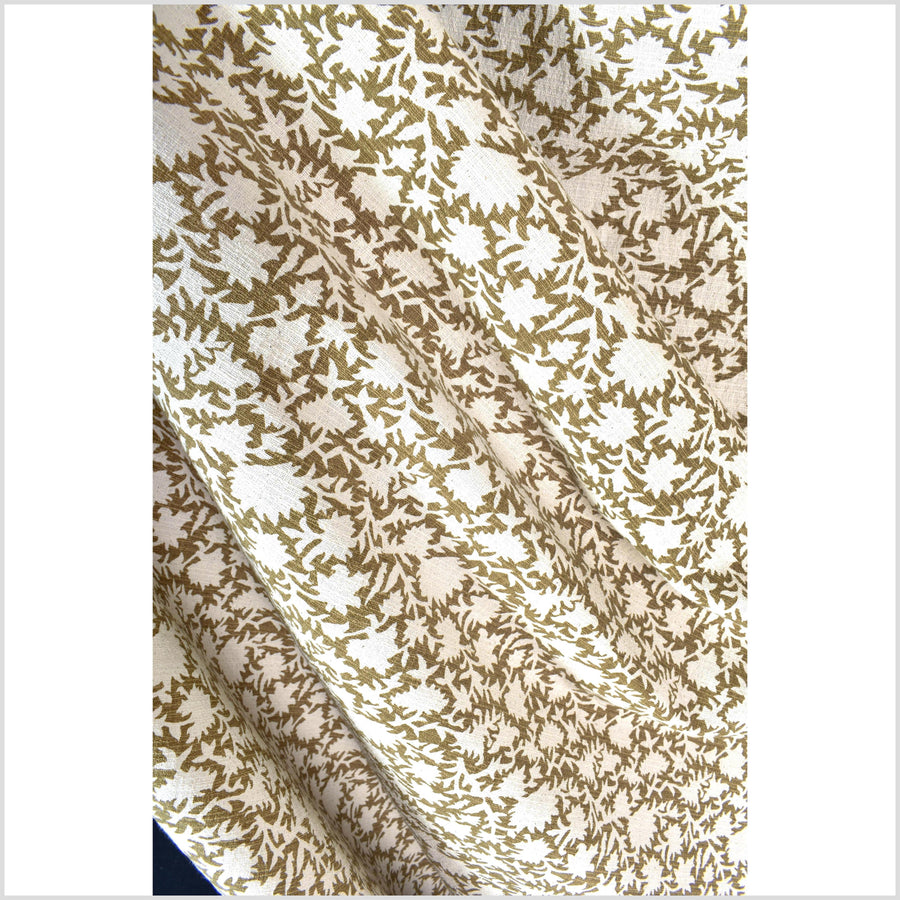 Stylized flower organic print, unbleached natural textured cotton, khaki olive/off-white, 46