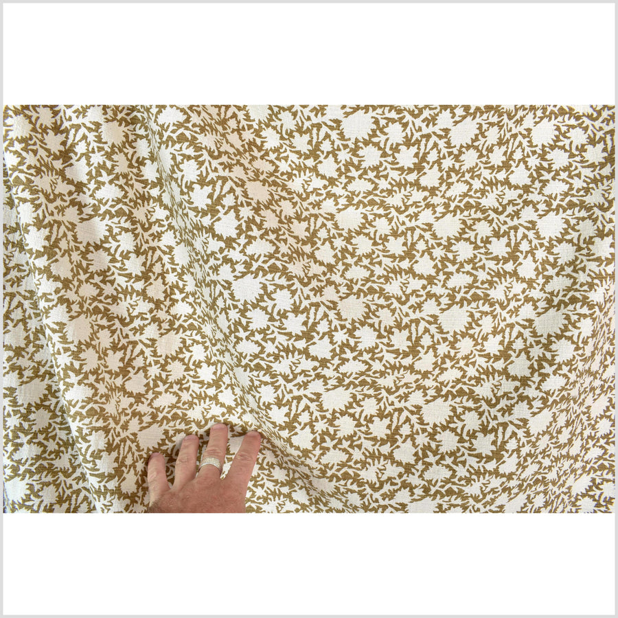 Stylized flower organic print, unbleached natural textured cotton, khaki olive/off-white, 46