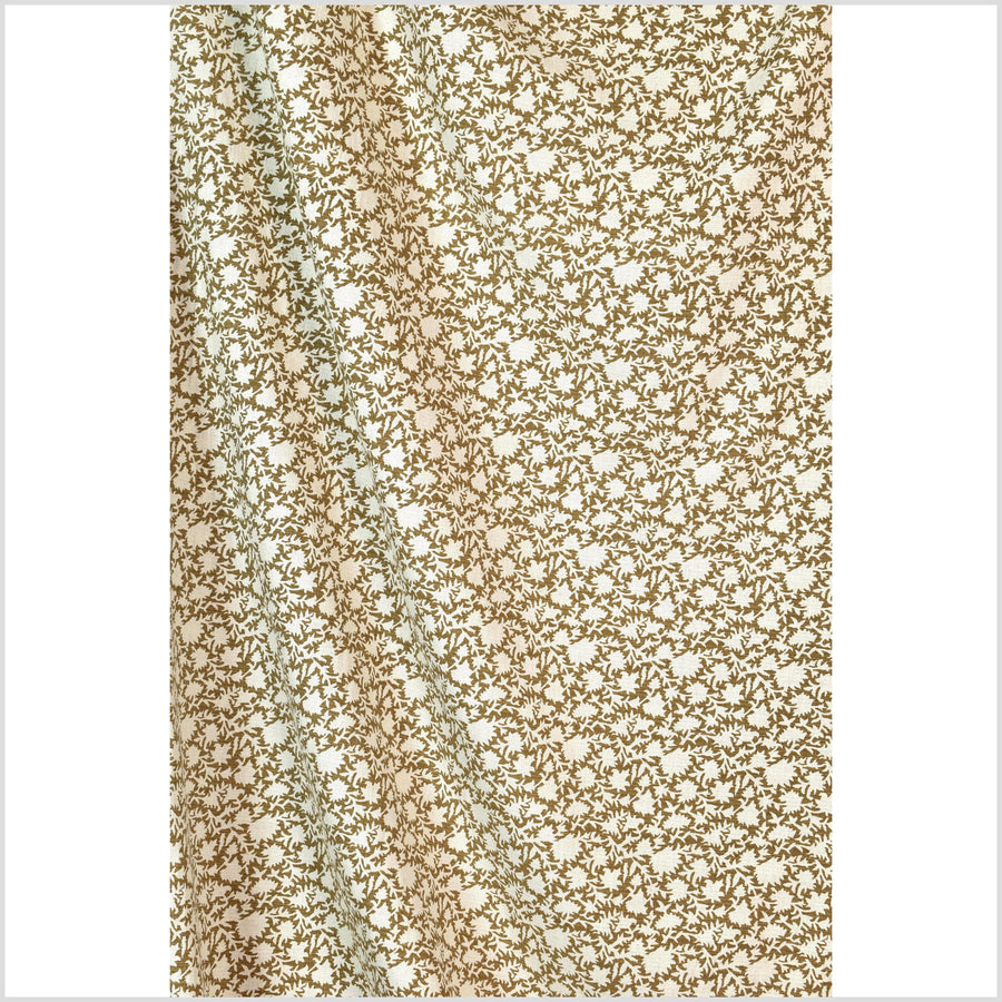 Stylized flower organic print, unbleached natural textured cotton, khaki olive/off-white, 46