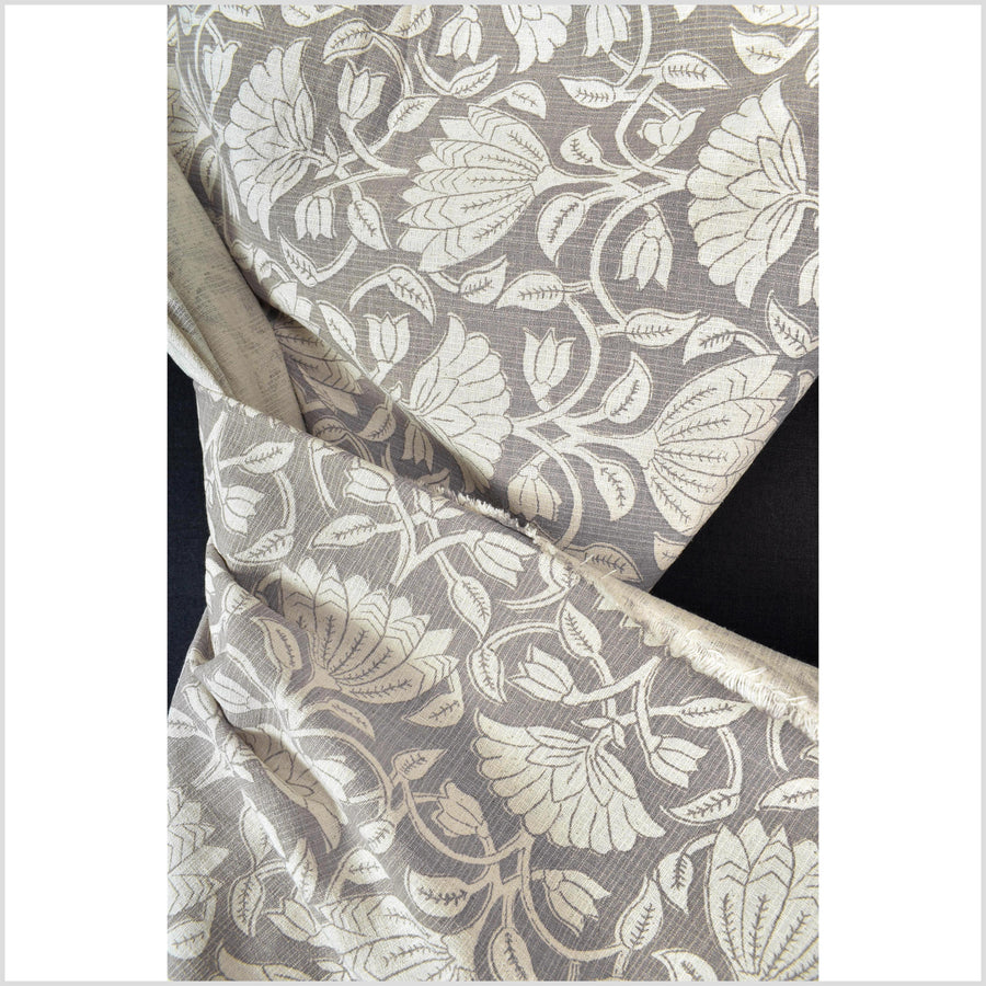 Fabulous beige buckskin suede floral print 100% cotton fabric, medium weight textured cloth, Thailand craft supply, sold by 10 yards PHA436-10