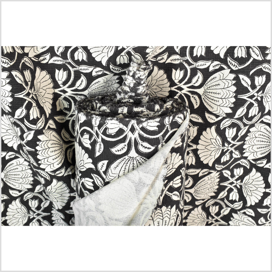 Fabulous charcoal black floral print 100% cotton fabric, medium weight textured cloth, Thailand craft supply, sold by 10 yards PHA437-10