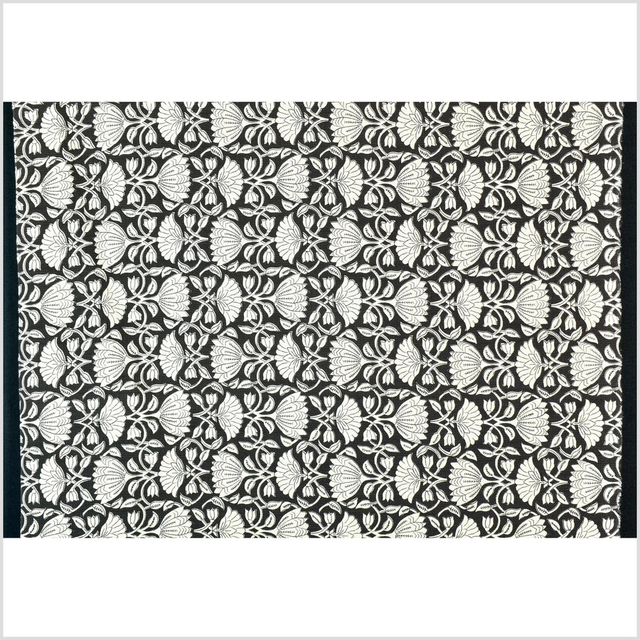 Fabulous charcoal black floral print 100% cotton fabric, medium weight textured cloth, Thailand craft supply, sold by 10 yards PHA437-10