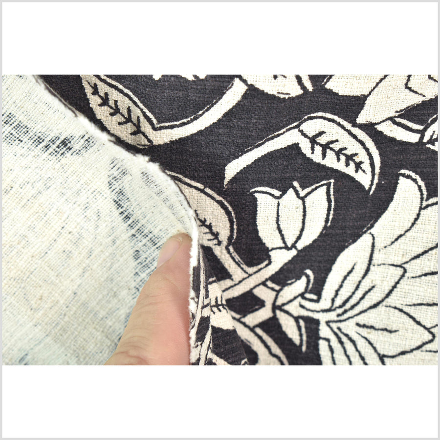 Fabulous charcoal black floral print 100% cotton fabric, medium weight textured cloth, Thailand craft supply, sold by 10 yards PHA437-10