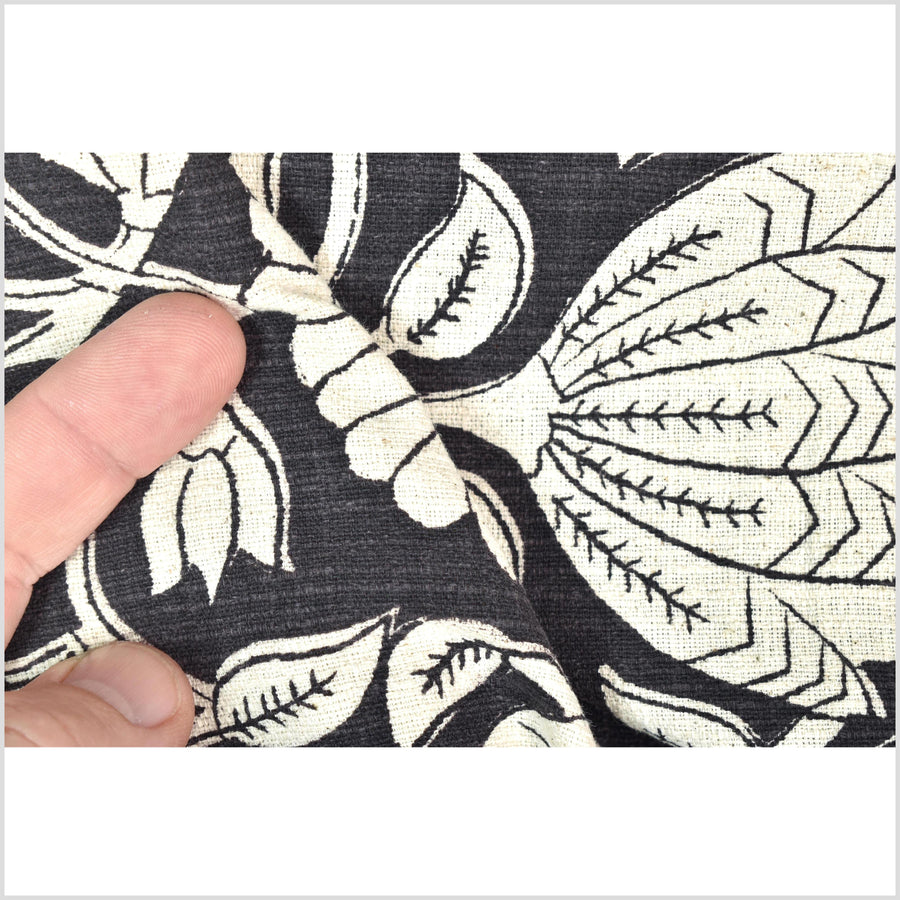 Fabulous charcoal black floral print 100% cotton fabric, medium weight textured cloth, Thailand craft supply, sold by 10 yards PHA437-10