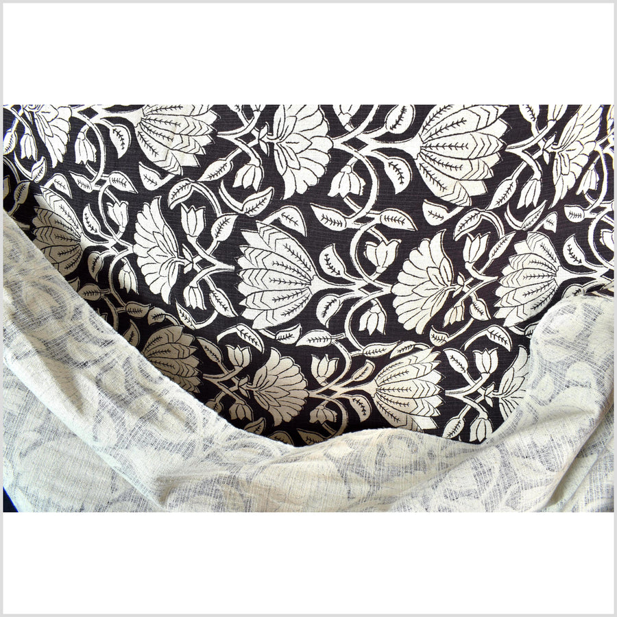 Fabulous charcoal black floral print 100% cotton fabric, medium weight textured cloth, Thailand craft supply, sold by 10 yards PHA437-10
