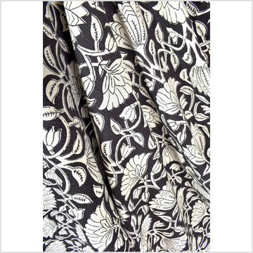 Fabulous charcoal black floral print 100% cotton fabric, medium weight textured cloth, Thailand craft supply, sold by the yard PHA437