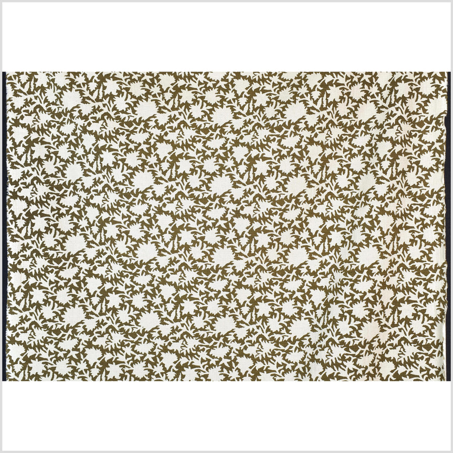 Big stylized flower organic print, unbleached natural textured cotton, dark olive moss green/off-white, 46