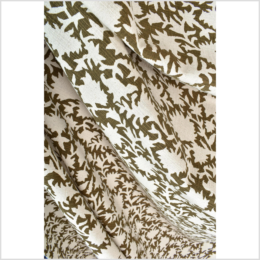 Big stylized flower organic print, unbleached natural textured cotton, dark olive moss green/off-white, 46