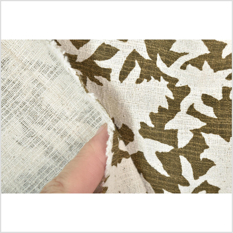 Big stylized flower organic print, unbleached natural textured cotton, dark olive moss green/off-white, 46