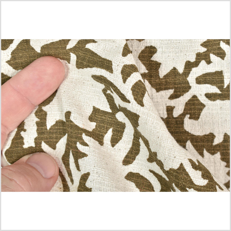 Big stylized flower organic print, unbleached natural textured cotton, dark olive moss green/off-white, 46