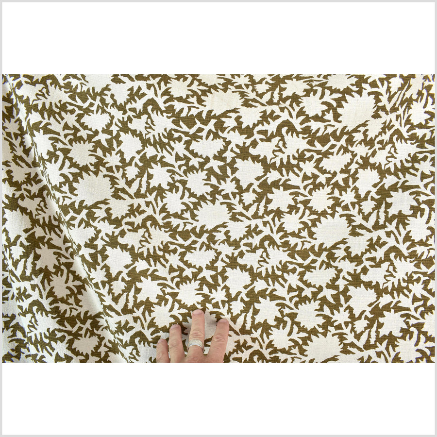 Big stylized flower organic print, unbleached natural textured cotton, dark olive moss green/off-white, 46