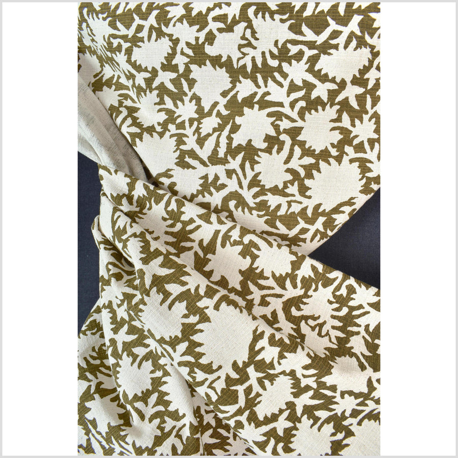 Big stylized flower organic print, unbleached natural textured cotton, dark olive moss green/off-white, 46