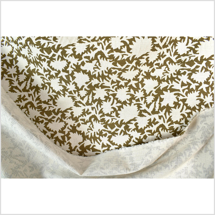 Big stylized flower organic print, unbleached natural textured cotton, dark olive moss green/off-white, 46