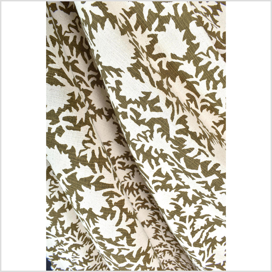 Big stylized flower organic print, unbleached natural textured cotton, dark olive moss green/off-white, 46
