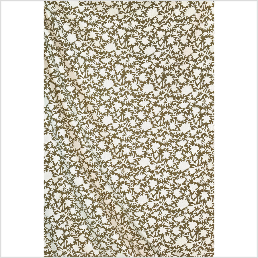 Big stylized flower organic print, unbleached natural textured cotton, dark olive moss green/off-white, 46