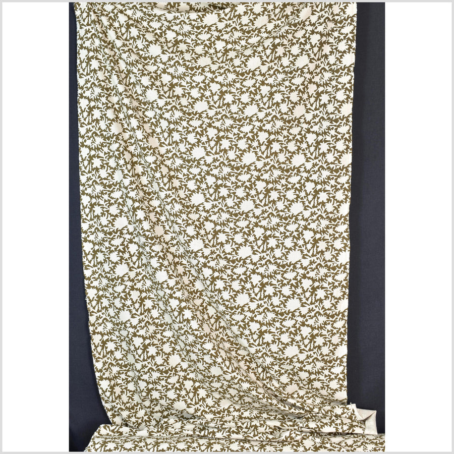 Big stylized flower organic print, unbleached natural textured cotton, dark olive moss green/off-white, 46