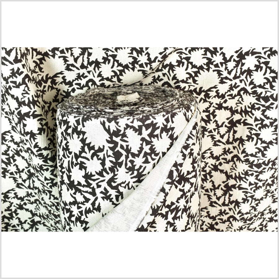 Big stylized flower organic print, unbleached natural textured cotton, charcoal black/off-white, 46