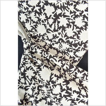 Big stylized flower organic print, unbleached natural textured cotton, charcoal black/off-white, 46